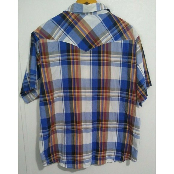 Vintage Rustler By Wrangler Shirt Pearl Snap Plaid Short Sleeves Blue XXL - Picture 4 of 5